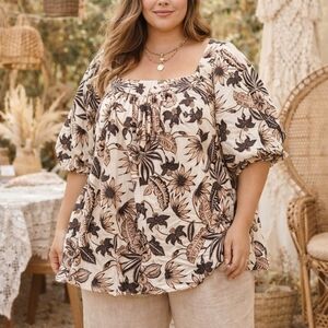 June + Vie Top Size L 18/20 Floral Linen Square Neck Puff Sleeve Boho Lagenlook